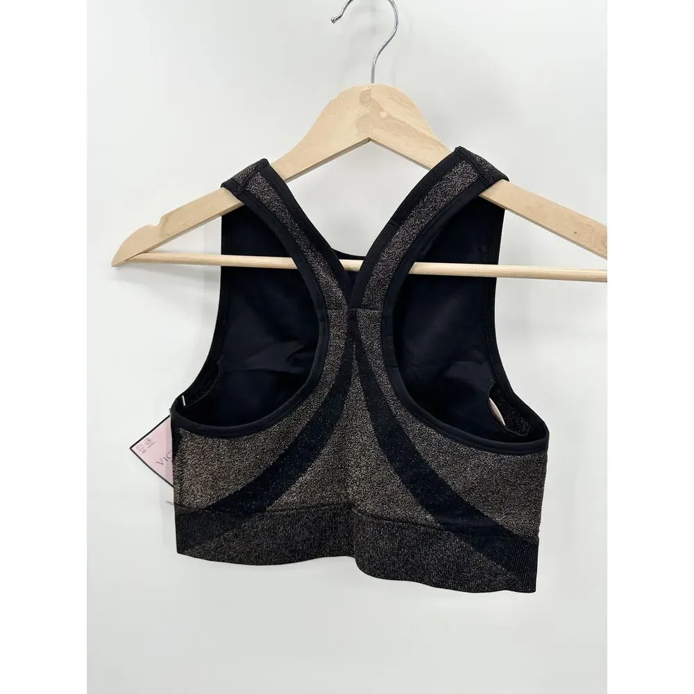 Victoria's Secret Black Shimmer High Neck‎ Sports Bra Women Size M Seamless AD16